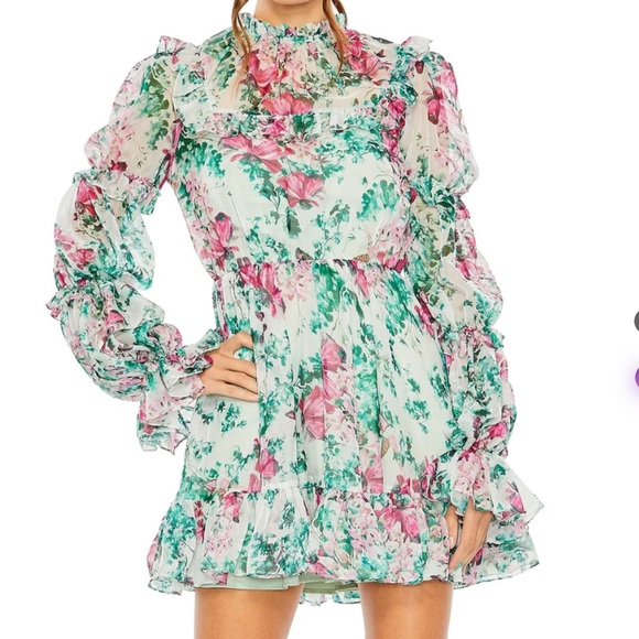 Mac Duggal Long-Sleeve Ruffled Floral Chiffon🦋Tiered Mini Dress - Picture 16 of 16